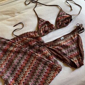 Shade & Shore Brown and Pink Chevron Triangle Bikini Set